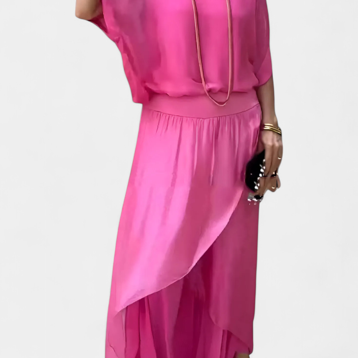 Két részes Maravilla folyékony szett, laza toppal és aszimmetrikus szoknyával