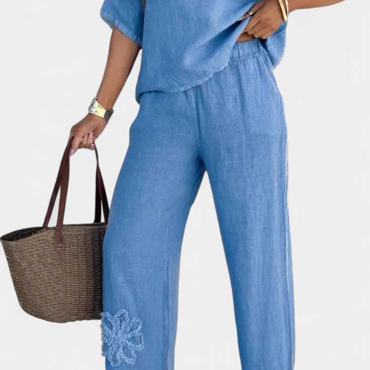 Natalia Hímzett Vászon Relaxáló Öltözet Laza Siluettel