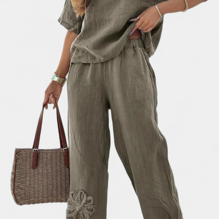 Natalia Hímzett Vászon Relaxáló Öltözet Laza Siluettel