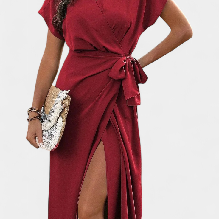 Begoña keresztdekoltású, öves és oldalsó nyitott ruha