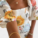 Kacey Virágmintás Pamut Midi Ruha Puffos Ujjakkal