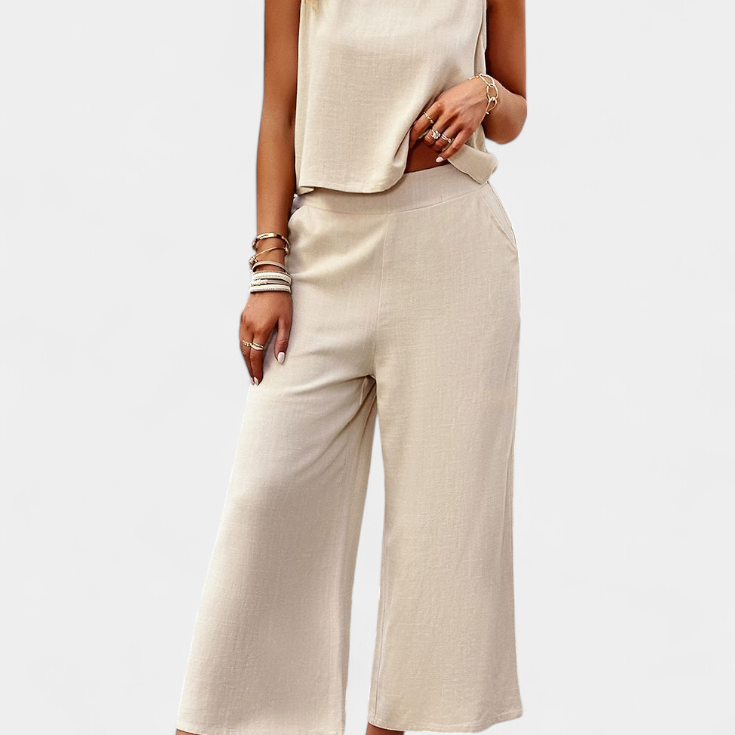 Lavinia Boho szett lenvászonból és pamut felsőből, rövidnadrággal