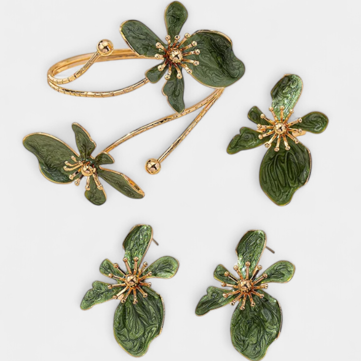 Virágos Kiegészítő Készlet: Karkötő + Fülbevaló + Gyűrűk