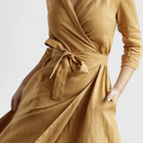 Vintage Midi Ruha Sharon Pamut és Vászon Anyagból, Rejtvény Gallérral