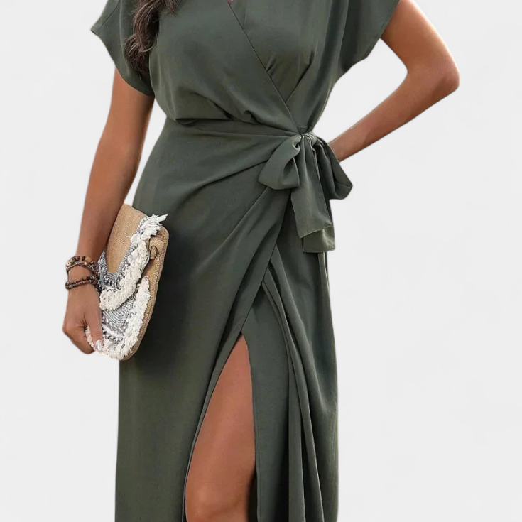 Begoña keresztdekoltású, öves és oldalsó nyitott ruha