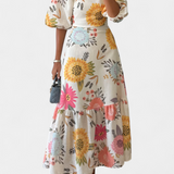 Kacey Virágmintás Pamut Midi Ruha Puffos Ujjakkal