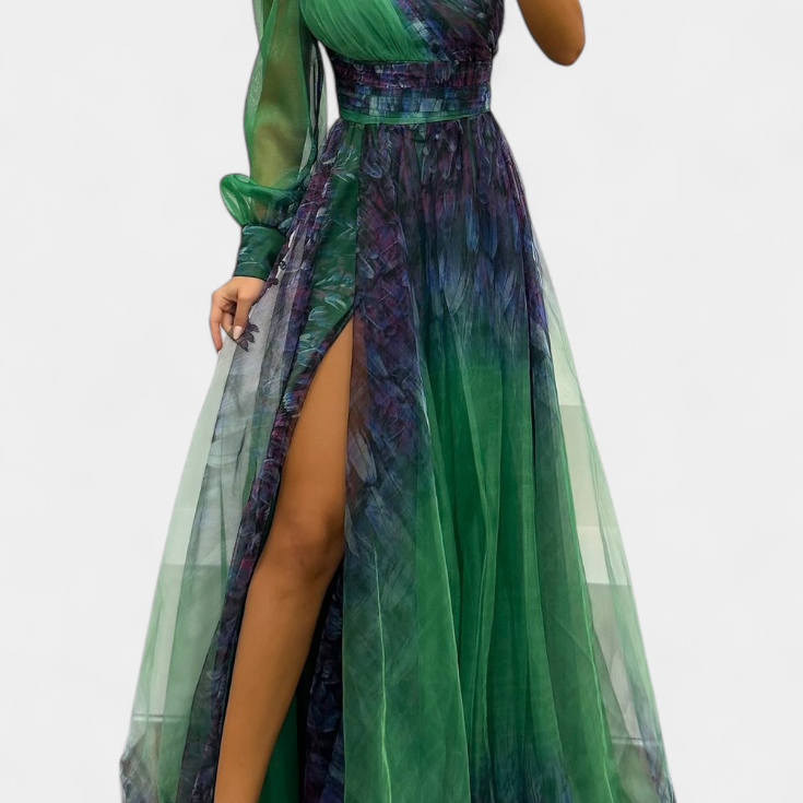 Becca Maxi Chiffon Ruha Egy Vállal és Voluminos Virággal