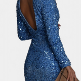 Adèle Garais téli estélyi ruha, hátul nyitott és csillogó