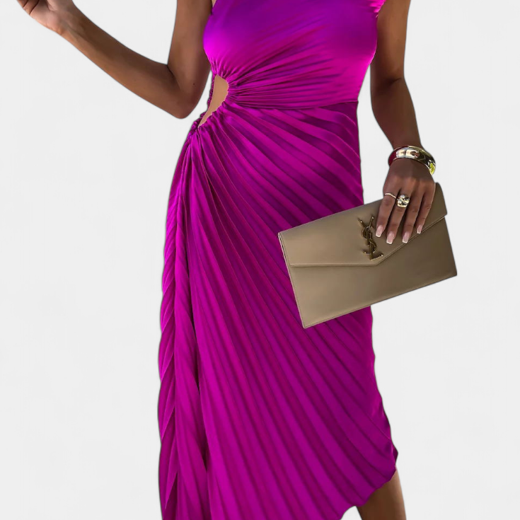 Aszimmetrikus Leire koktélruha virágapplikációval és pliszírozott szoknyával