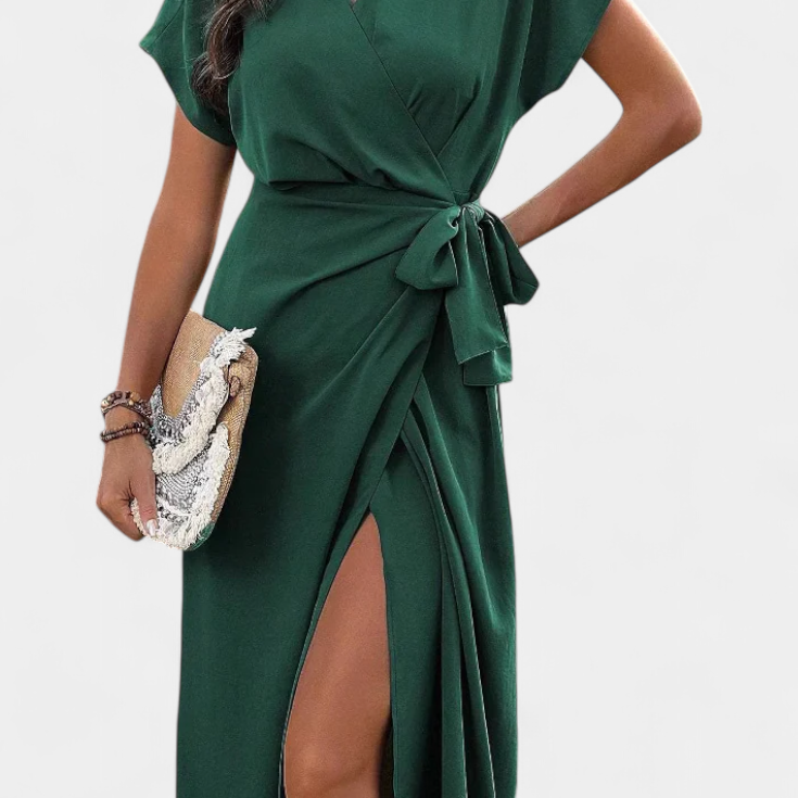 Begoña keresztdekoltású, öves és oldalsó nyitott ruha