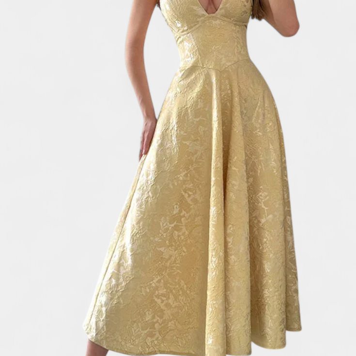 Gilda Midi Jacquard Ruha Nyitott Háttal és Magas Derékkal